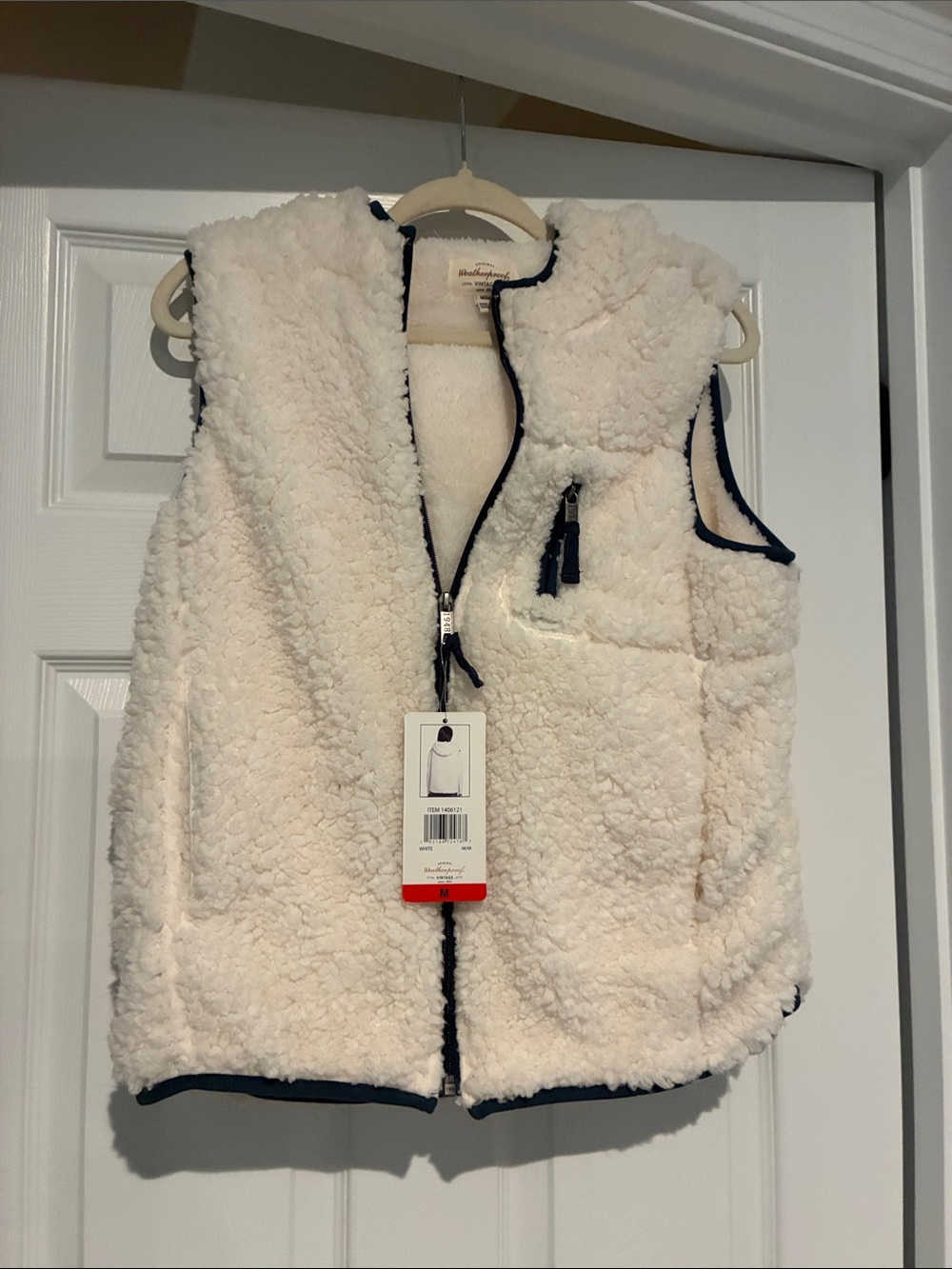 Cream Sherpa Fleece Vest with Navy Trim